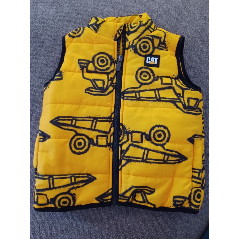 Cat Caterpillar Toddler Vest Sz 24 Months‎ Yellow Puffer W/Truck Print NWOT